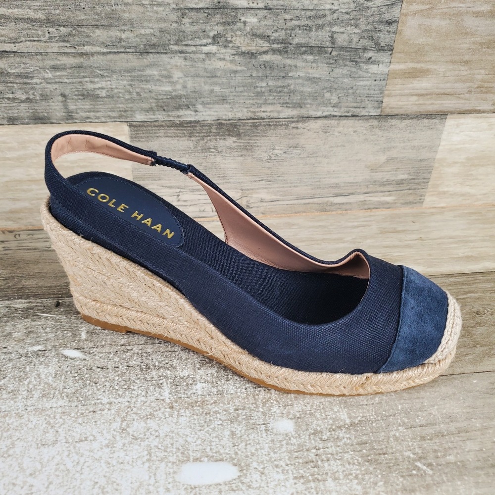Cole Haan Cloudfeel Womens Espadrille Sandals Sz 5 B Navy Slingback Wedge Heel